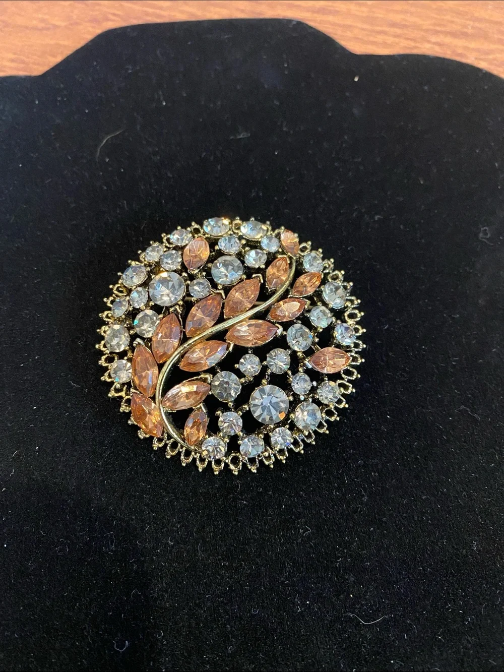 Gold-Tone Round Crystal Leaf Brooch - Champagne and Clear